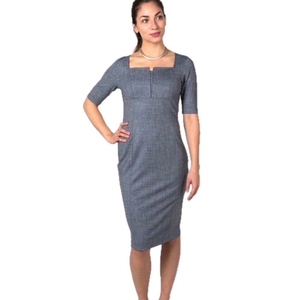 Betabrand Executive Pencil Sheath Dress Blue/Gray
Chambray Ponte Knit Sz‎ M NWOT